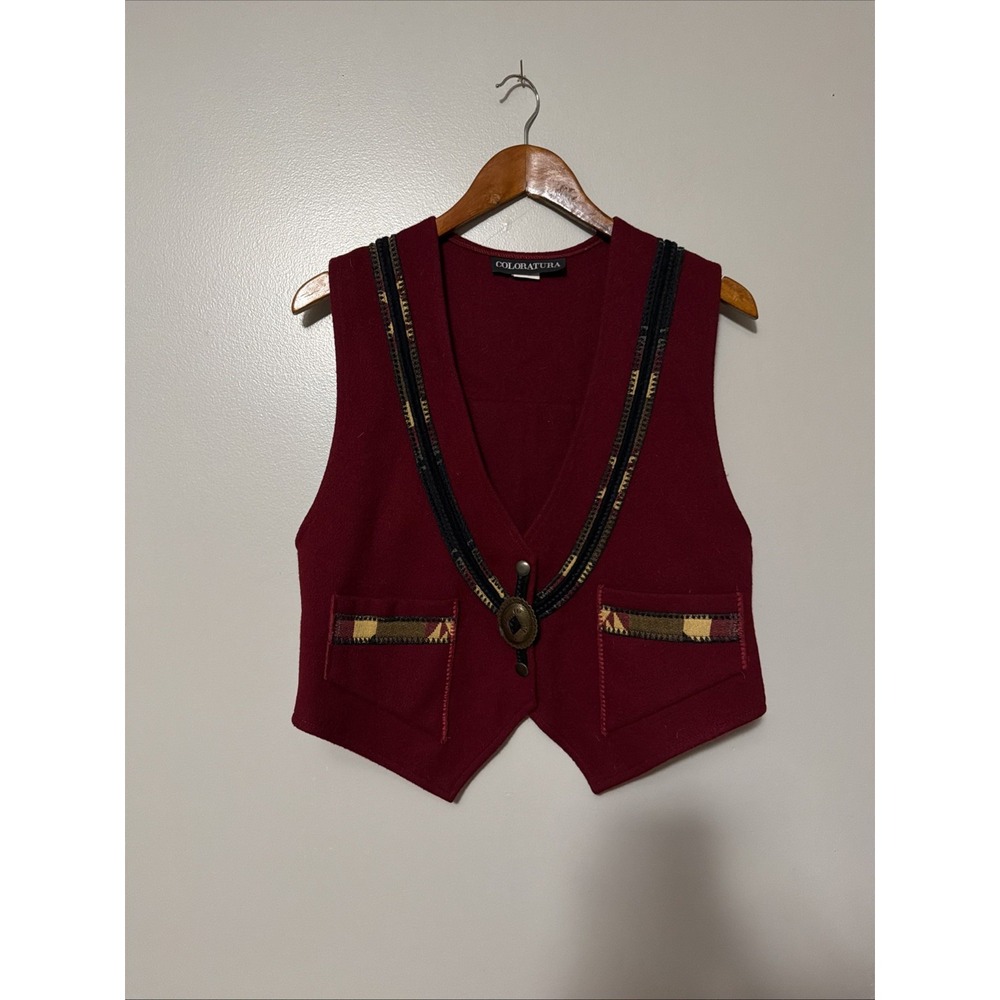 Vintage Red Western Wool Vest Small Aztec Southwest Rodeo Cowgirl